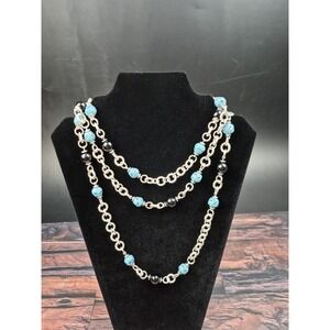 58" Silver Tone Chain Necklace Turquoise Beads Long Layered Coastal Cowgirl